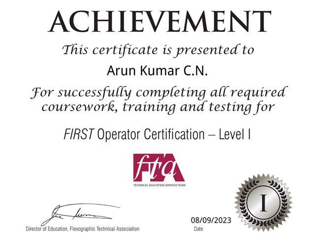 FTA FIRST Operator Level I certificate